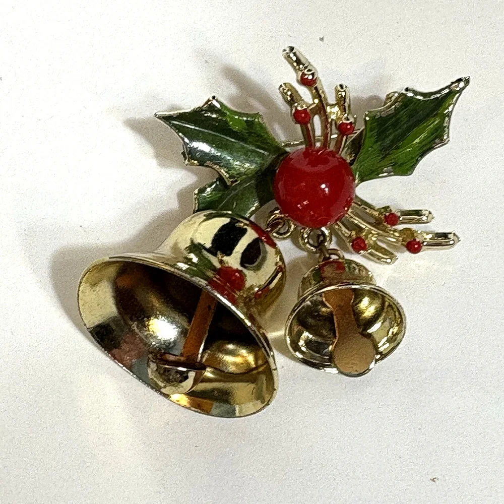 Double Brass Ringing Bells Enameled Holly Brooch Pin Vintage Christmas Holiday